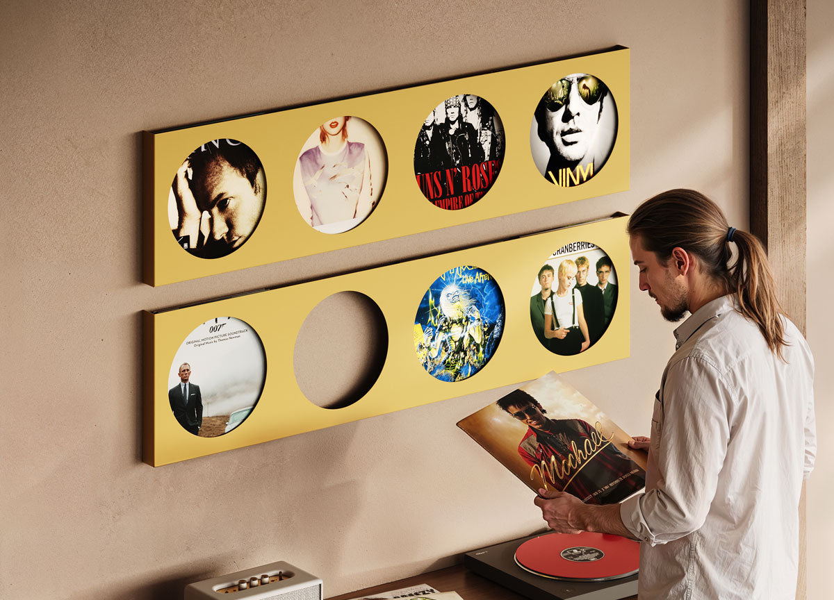 Simulated alt text for A-Side Vinyl Record Display for b6bbc9-08.myshopify.com. You are an expert SEO agent. You will generate an ALT text for this image. <Store_Context> Business Details: - Minimalist, functional design focused on maximizi...