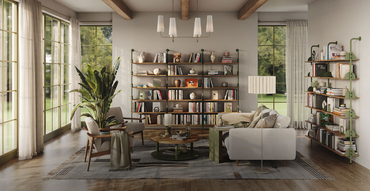 Warm modern living room with wall shelves filled with books and decor, large windows, exposed beams, plants, and comfortable seating