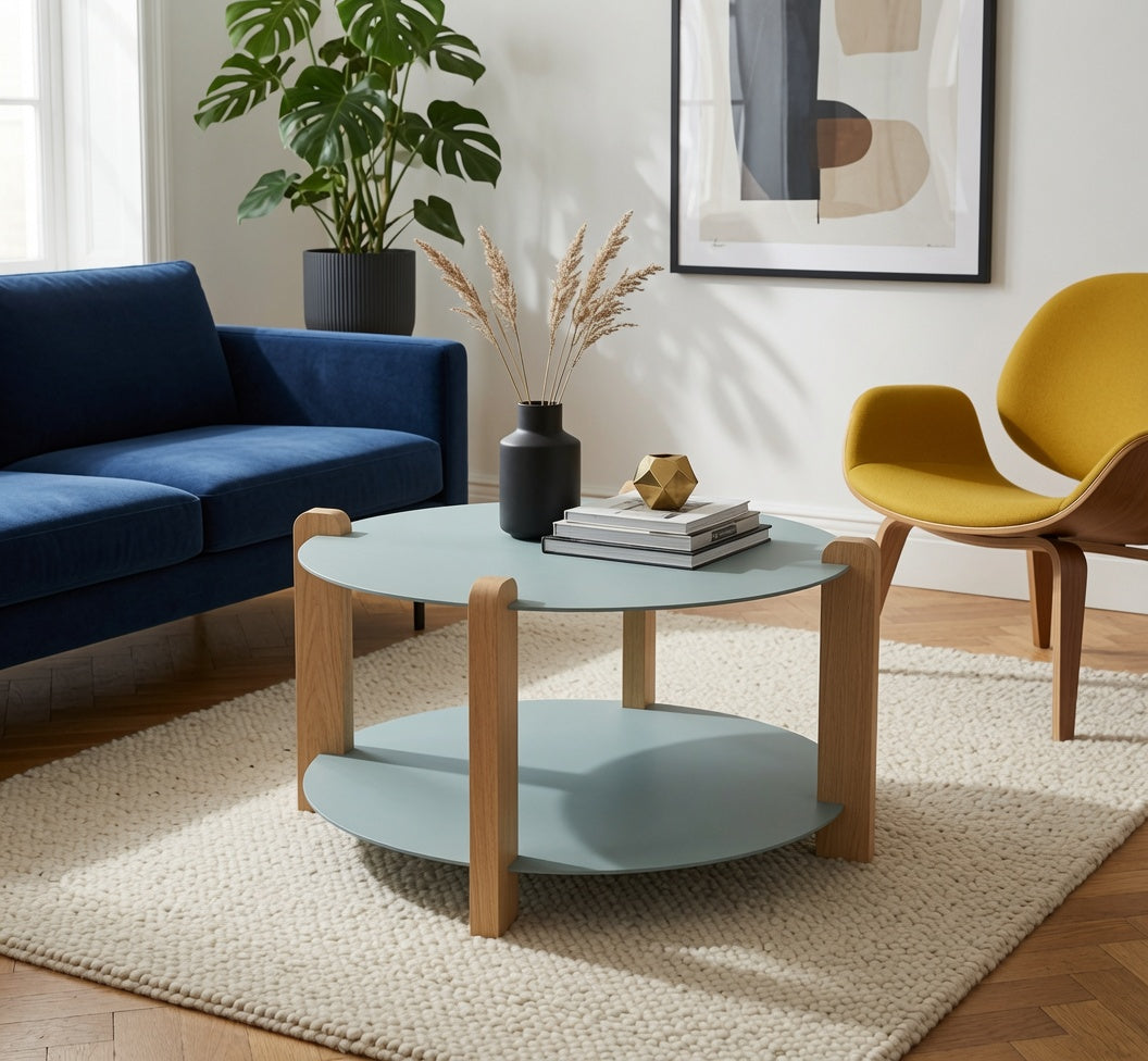 Otis Round Coffee Table with light blue mixed-material top and lower shelf, solid hardwood legs in a modern living room setting.