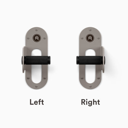 Two Spoke Bike Hangers _ arsenic color, Right  and left orientation. Modern wall or ceiling-mounted bike hanger by Shelfology, USA-made powder coated steel. writtne description of "right" or "left" below each hanger