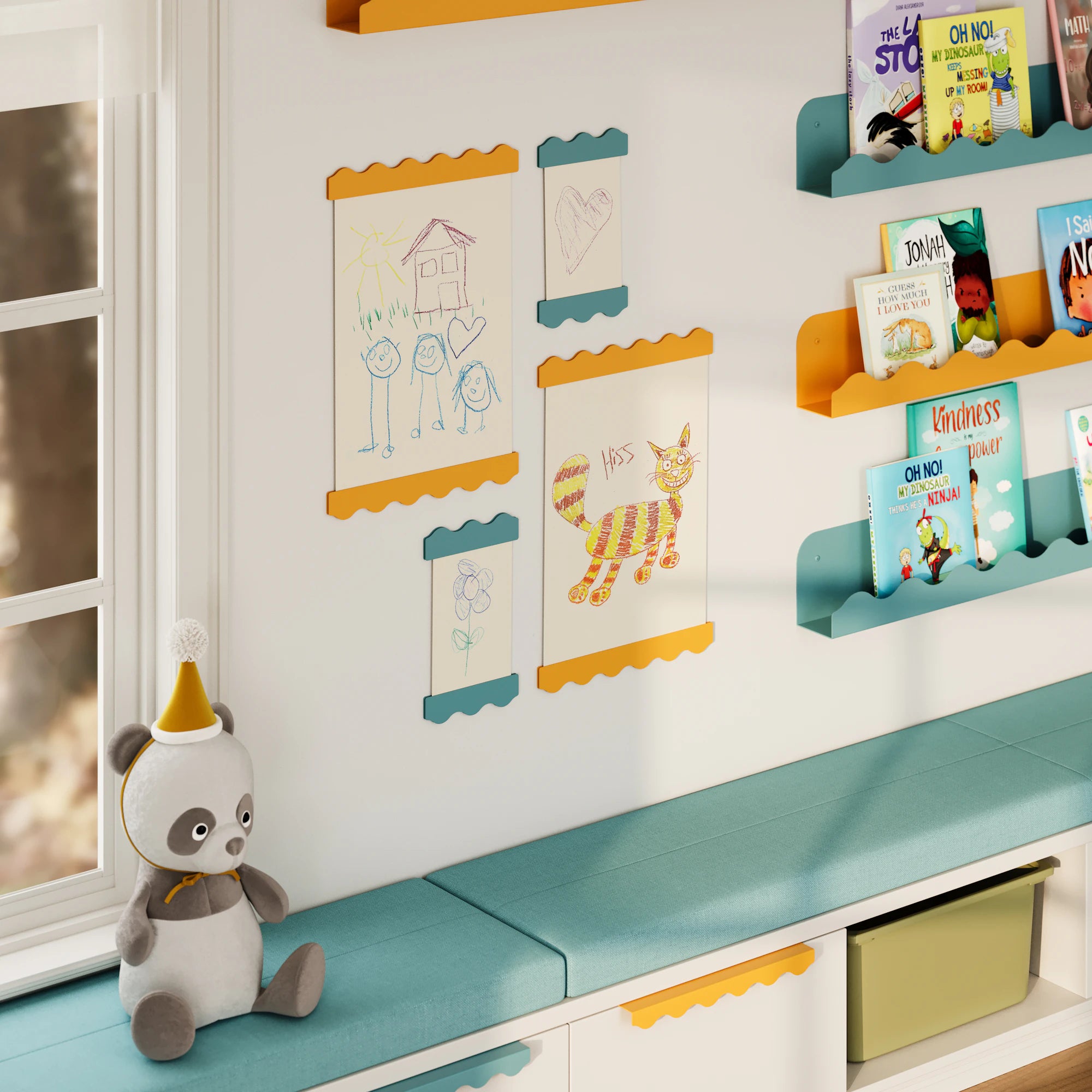 Kids' art displayed on colorful wall strips above teal cushioned bench and matching floating child-friendly bookshelves