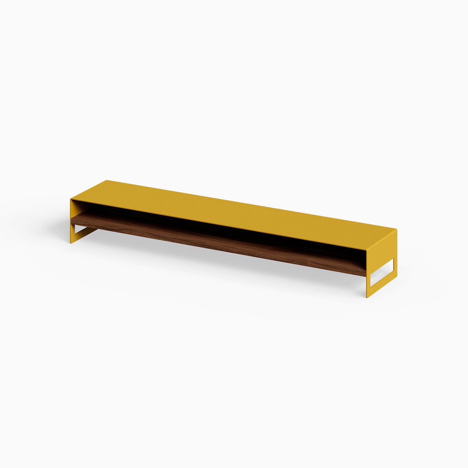 Woz Monitor Stand featuring a minimalist wood and metal floating shelf design in warm walnut and mustard yellow, perfect for organizing workspace essentials.