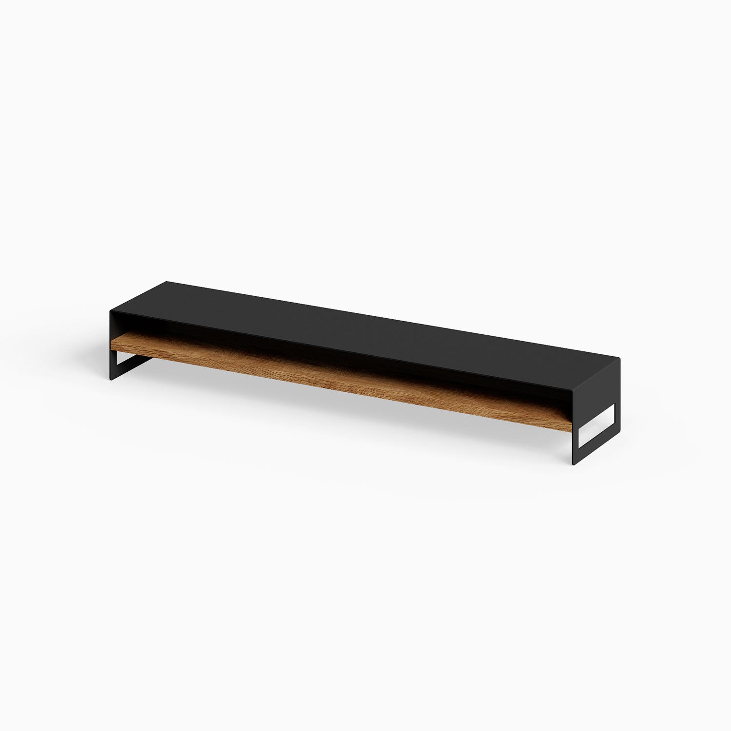 Woz Monitor Stand featuring a sleek black metal frame with a natural wood shelf, designed for minimalist workspace organization and display.