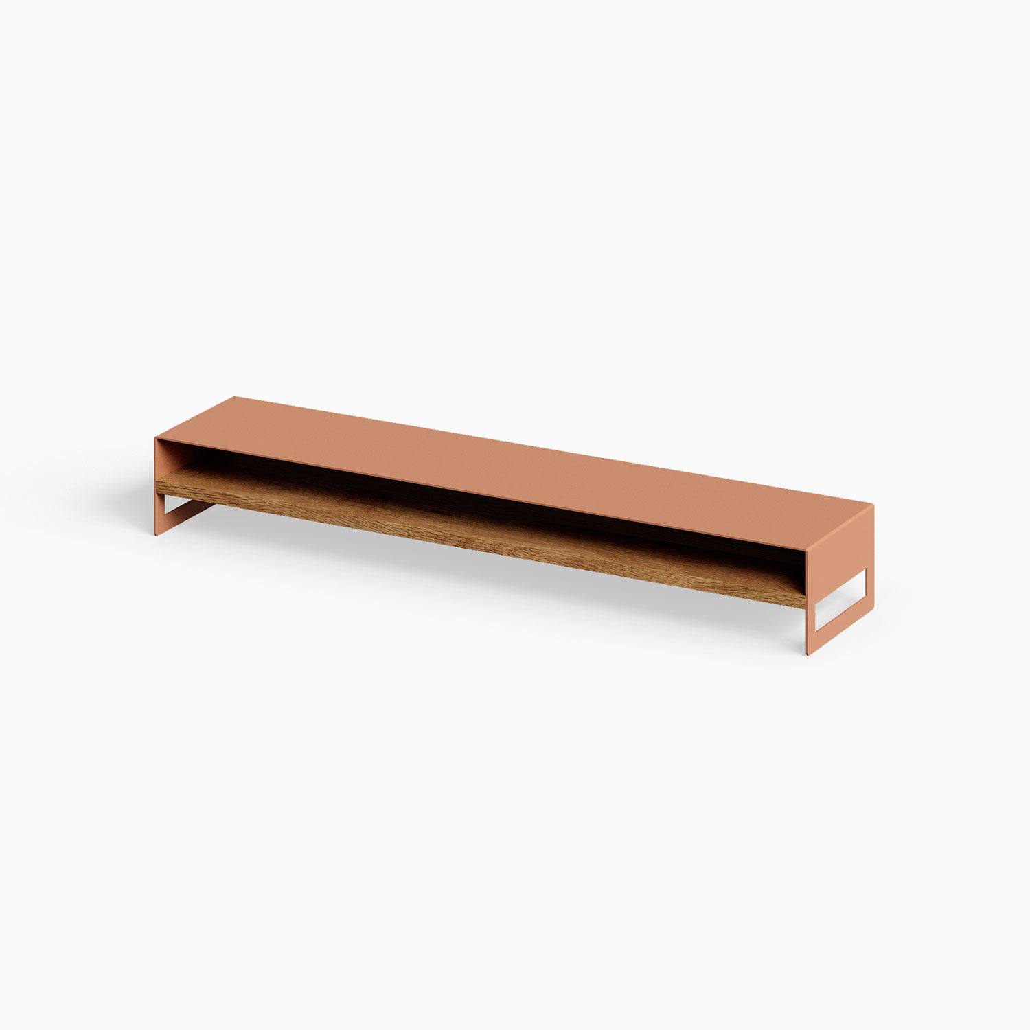 Woz Monitor Stand with a minimalist design featuring a clay-colored metal frame and a solid white oak wood shelf, crafted to enhance workspace organization.