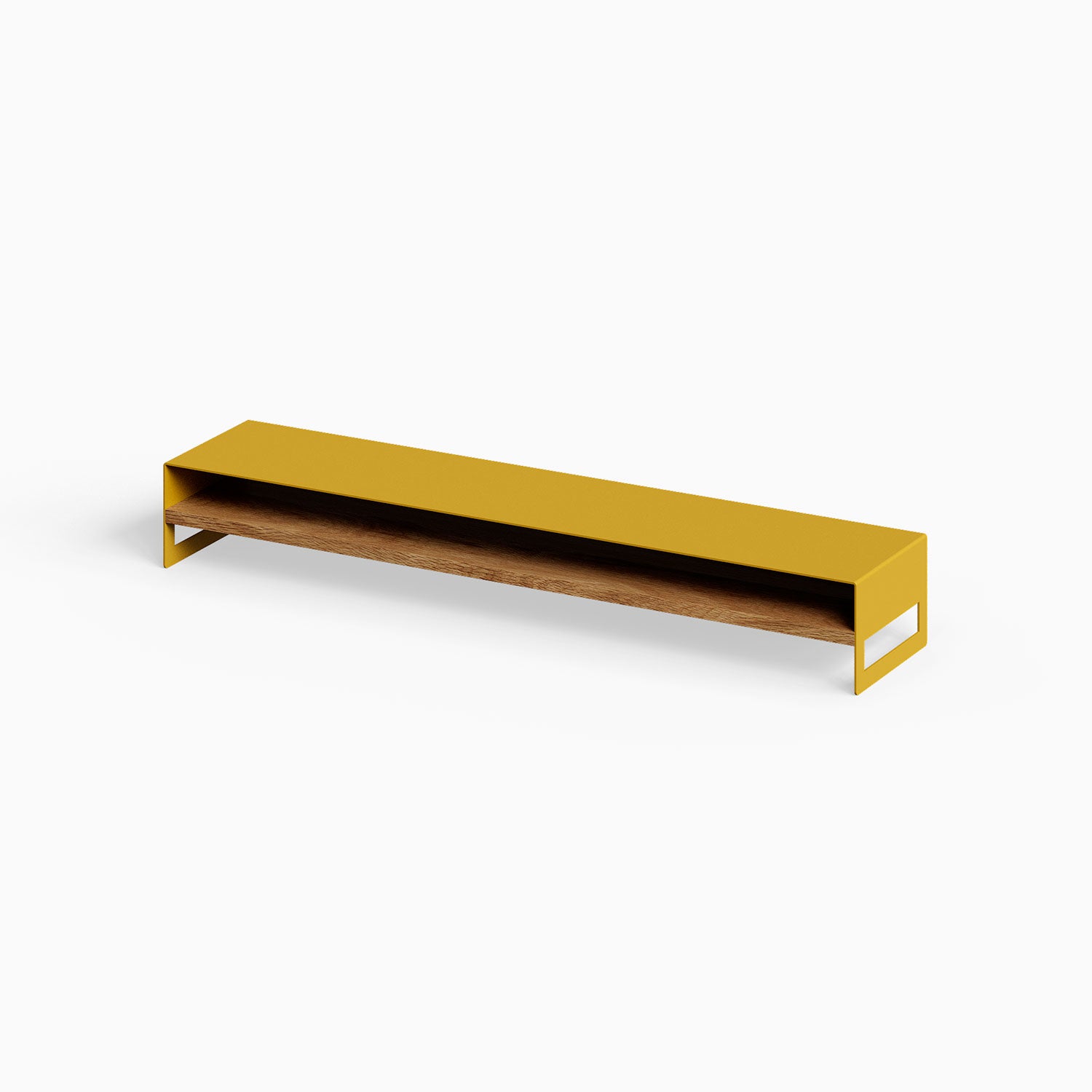Woz Monitor Stand with a sleek mustard metal frame and solid hardwood shelf, designed for minimalist functional organization and display.