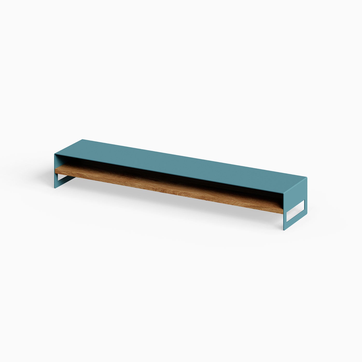 Woz Monitor Stand featuring a minimalist blue metal frame and natural wood shelf, combining durable American-made materials for organized workspace display.