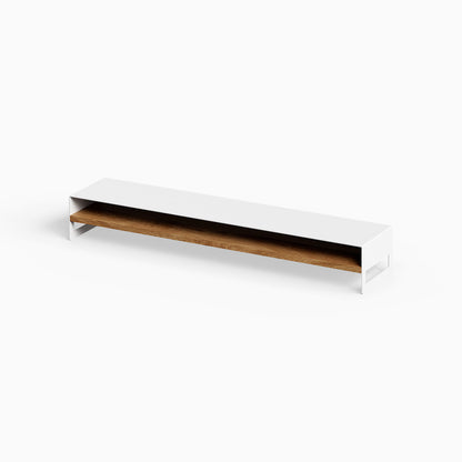Woz Monitor Stand featuring a minimalist white metal frame with a natural wood shelf, designed to organize and elevate your workspace efficiently.