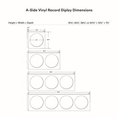 Diagram showing dimensions in inches for the A-Side Vinyl Record Display in four sizes, illustrating height, width, and depth measurements for wall-mounted record display ledges.