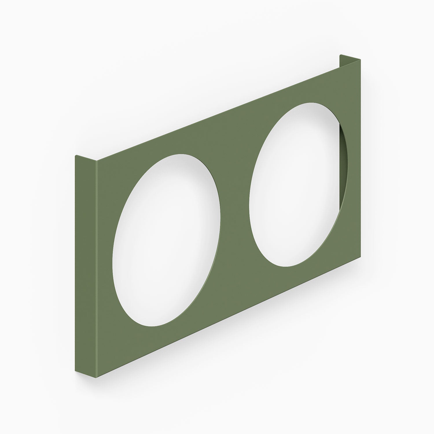 Minimalist green metal wall mount with two circular cutouts designed to hold and display vinyl records, A-Side Vinyl Record Display.