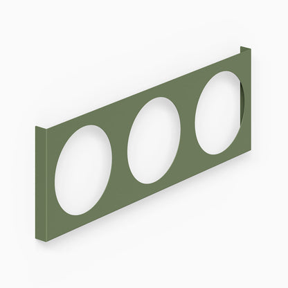 A minimalist olive green metal A-Side Vinyl Record Display designed to showcase and organize records on a wall.