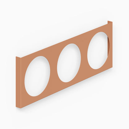 A minimalist A-Side Vinyl Record Display in a warm clay color, designed to hold three records securely with a sleek, functional wall-mounted frame.