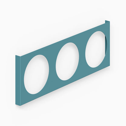 A minimalist teal metal wall-mounted rack designed to hold three records, showcasing the A-Side Vinyl Record Display with clean lines and durable construction.