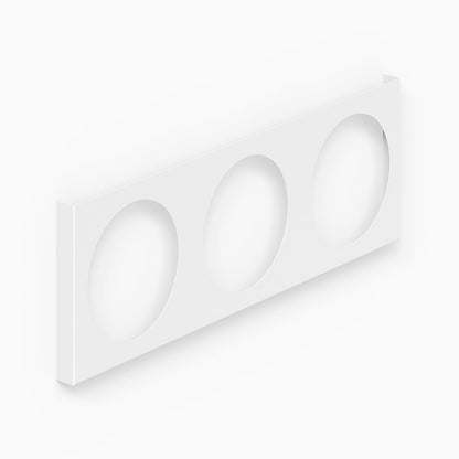 A white minimalist A-Side Vinyl Record Display with three circular cutouts designed to showcase vinyl records, blending function and style.