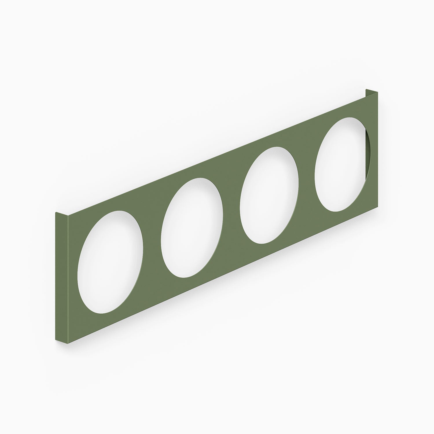 A minimalist olive green metal display ledge with four circular cutouts designed for organizing vinyl records, part of the A-Side Vinyl Record Display.