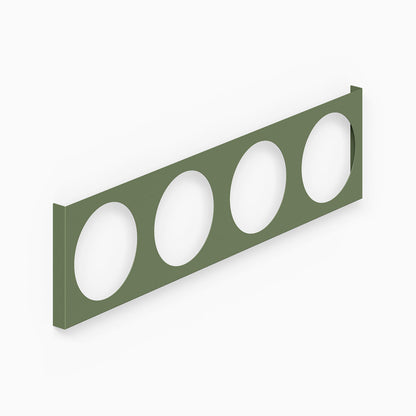 A minimalist olive green metal display ledge with four circular cutouts designed for organizing vinyl records, part of the A-Side Vinyl Record Display.