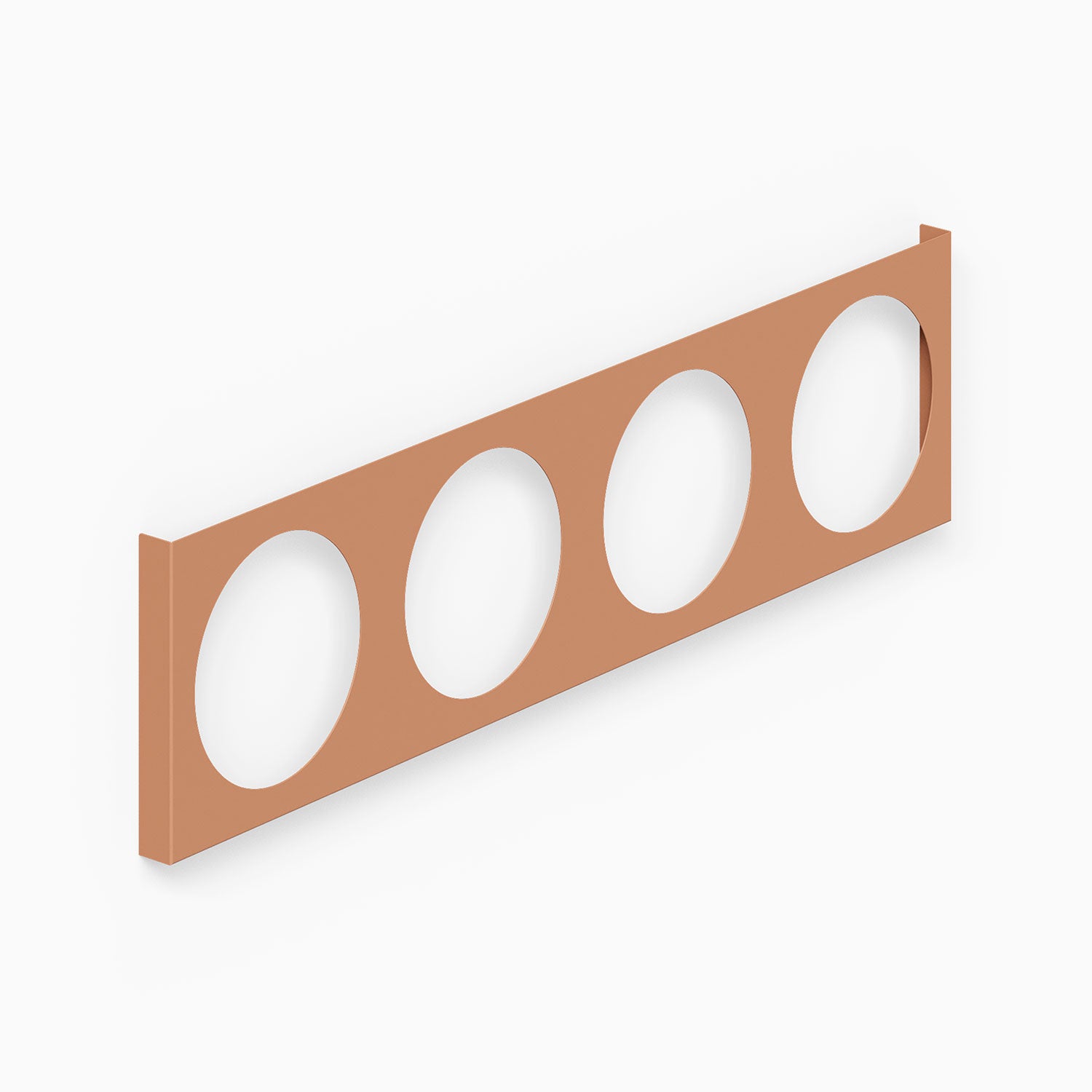 A minimalist clay-colored metal wall-mounted A-Side Vinyl Record Display designed for functional and stylish organization.