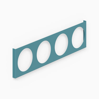 A minimalist teal metal wall-mounted A-Side Vinyl Record Display featuring four circular slots, designed for durable and functional organization.