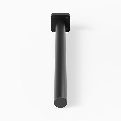 Aksel XD Single Rod Floating Shelf Bracket in matte black steel, designed for ultra-strong, minimalist support of mega deep custom floating shelves and display ledges.