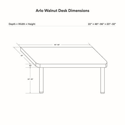 Line drawing of the Arlo Desk - Walnut showing adjustable length from 48 to 96 inches, depth of 22 inches, and height range from 20 to 32 inches.