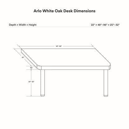 Line drawing showing dimensions of Arlo Desk (White Oak) with adjustable width from 48 to 96 inches, depth 22 inches, and height 20 to 32 inches.