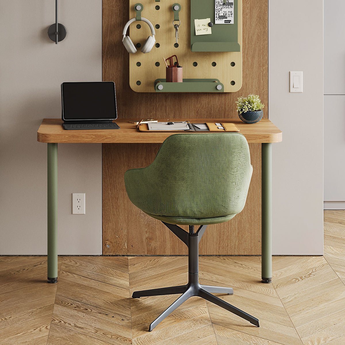 Arlo Desk (White Oak) in a home office with laptop pegboard organizer chair and warm wood and green accents