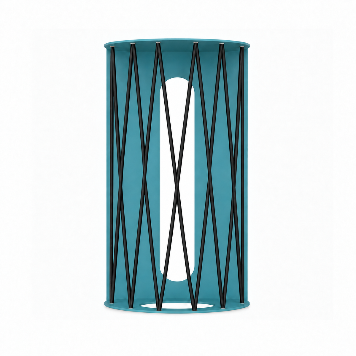 Ball Hog Basketball Shelf in teal with black geometric supports and open cylindrical design for displaying a basketball as wall decor
