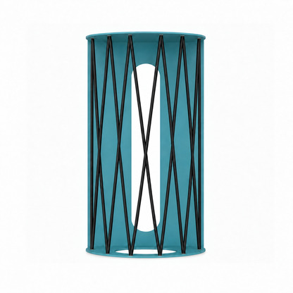 Ball Hog Basketball Shelf in teal with black geometric supports and open cylindrical design for displaying a basketball as wall decor