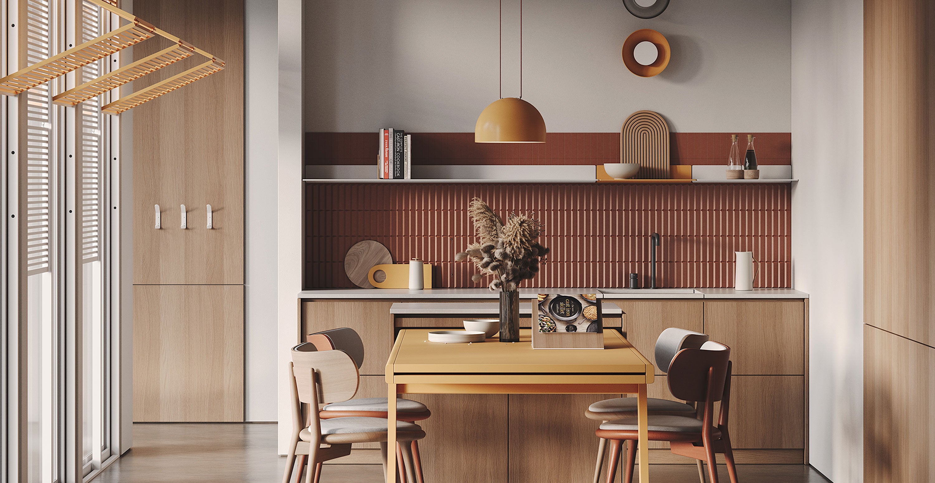 Modern minimalist kitchen and dining area with wood and metal floating shelves, a wooden dining table, chairs, and wall hooks for organized storage and display.