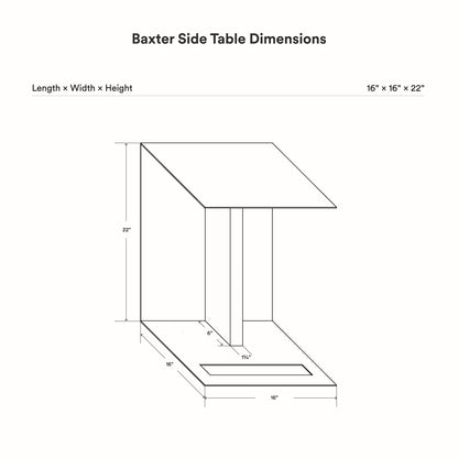 Baxter Side Table dimension diagram showing a 16 inch length 16 inch width and 22 inch height