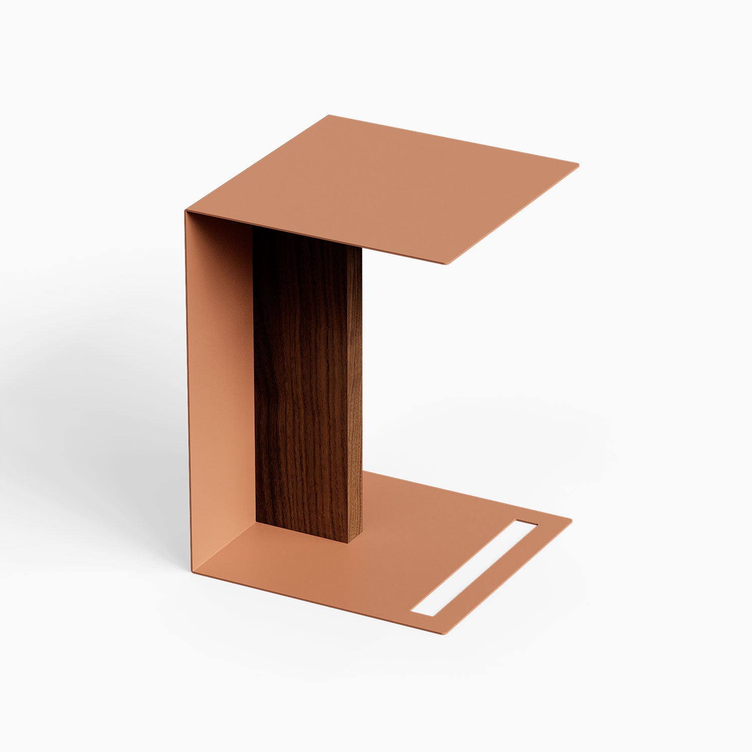 Baxter Side Table in copper toned metal with a dark wood vertical panel and open geometric design