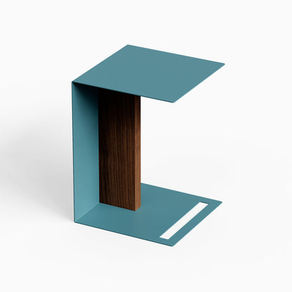 Baxter Side Table in teal steel with a warm wood support and open C shaped design