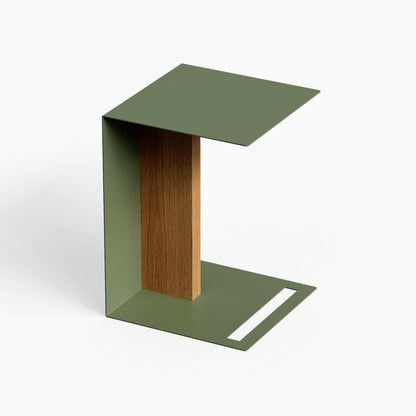Baxter Side Table with a green steel frame wood panel and integrated handle cutout for minimalist display and storage