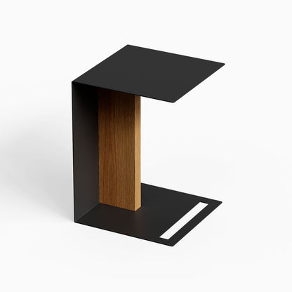 Baxter Side Table with a sleek black metal frame and warm wood accent for compact functional display beside a sofa or chair