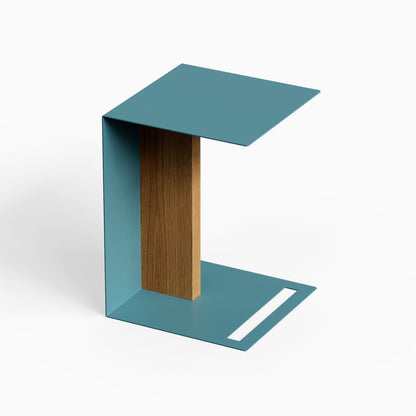 Baxter Side Table with a teal metal frame, warm wood center panel, and open base shelf for compact contemporary organization