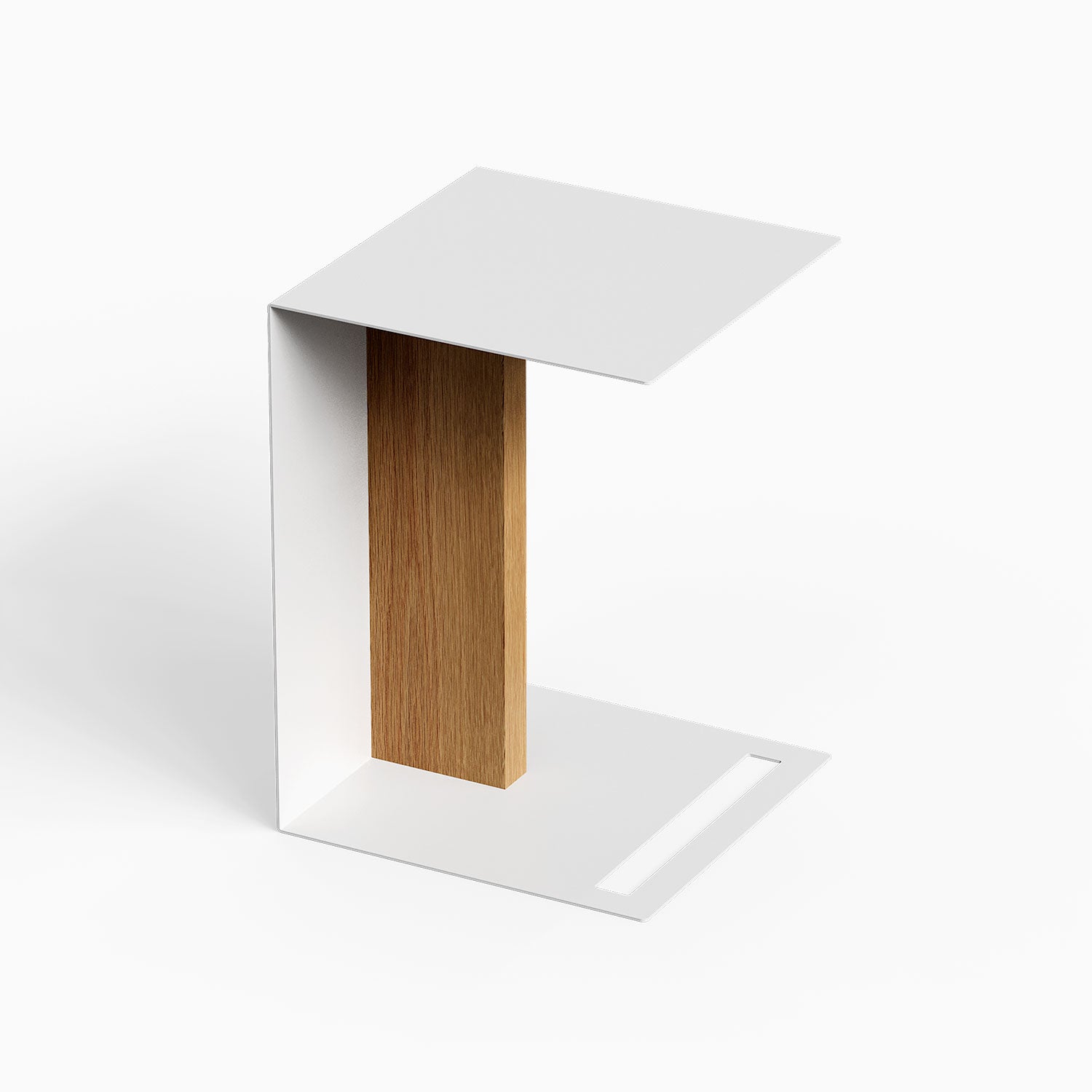 Baxter Side Table with a white metal frame and warm wood accent panel in a minimalist design