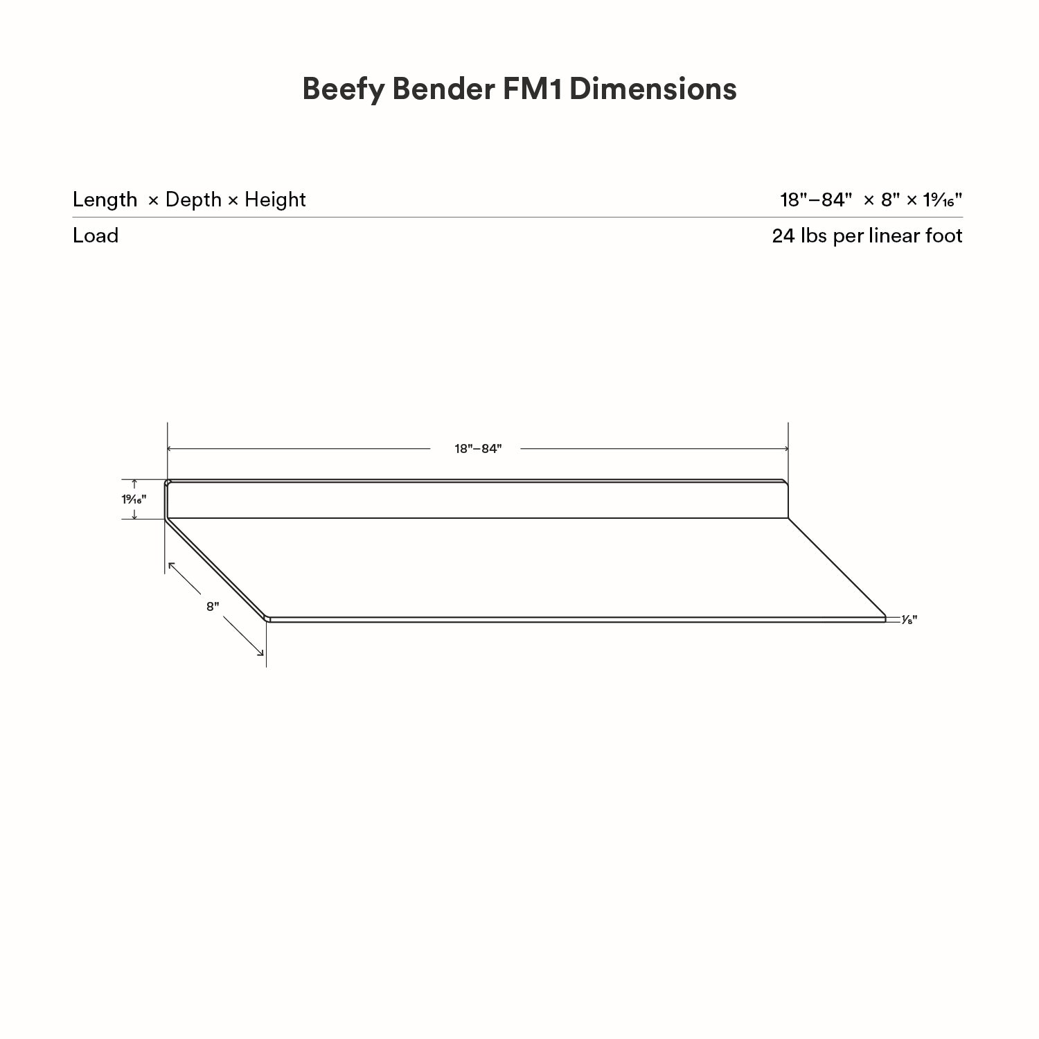 Beefy Bender FM 1 Metal Wall Shelf dimensional drawing showing length, depth, height, and load capacity for minimalist metal floating shelf design.