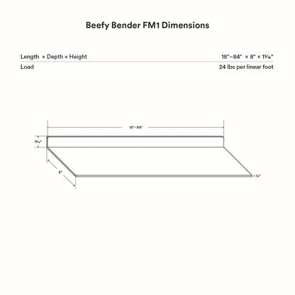 Beefy Bender FM 1 Metal Wall Shelf dimensional drawing showing length, depth, height, and load capacity for minimalist metal floating shelf design.