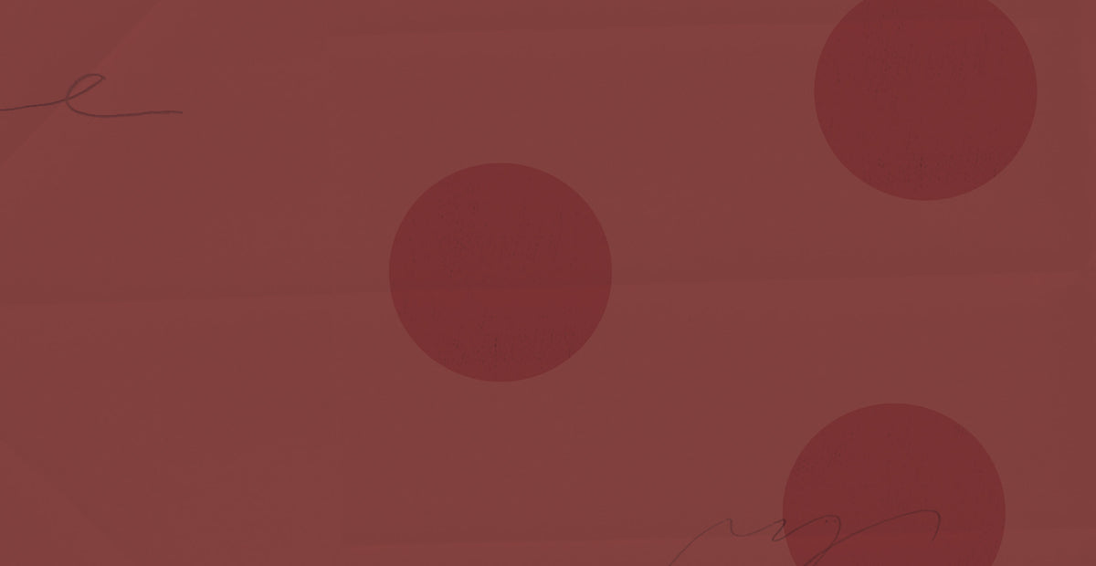 Abstract muted red background with three darker circular shapes and delicate curved line accents for a minimalist decorative design