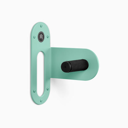 Spoke Bike Hanger – aqua socks color, right orientation. Modern wall or ceiling-mounted bike hanger by Shelfology, USA-made powder coated steel.