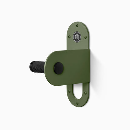 Spoke Bike Hanger – shelf geek blue, Right orientation. Angle view of modern wall or ceiling-mounted bike hanger by Shelfology, USA-made powder coated steel.