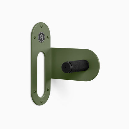 Spoke Bike Hanger – army brat color, right orientation. Modern wall or ceiling-mounted bike hanger by Shelfology, USA-made powder coated steel.