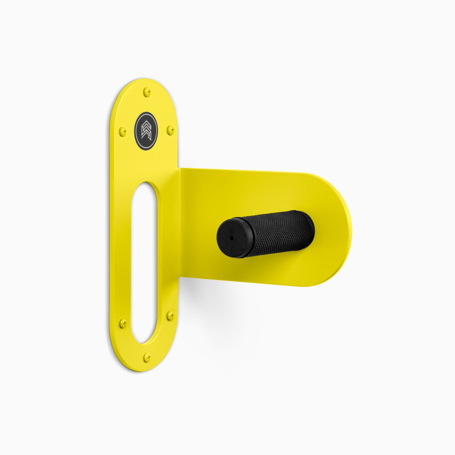 Spoke Bike Hanger – bananarama color, right orientation. Modern wall or ceiling-mounted bike hanger by Shelfology, USA-made powder coated steel.