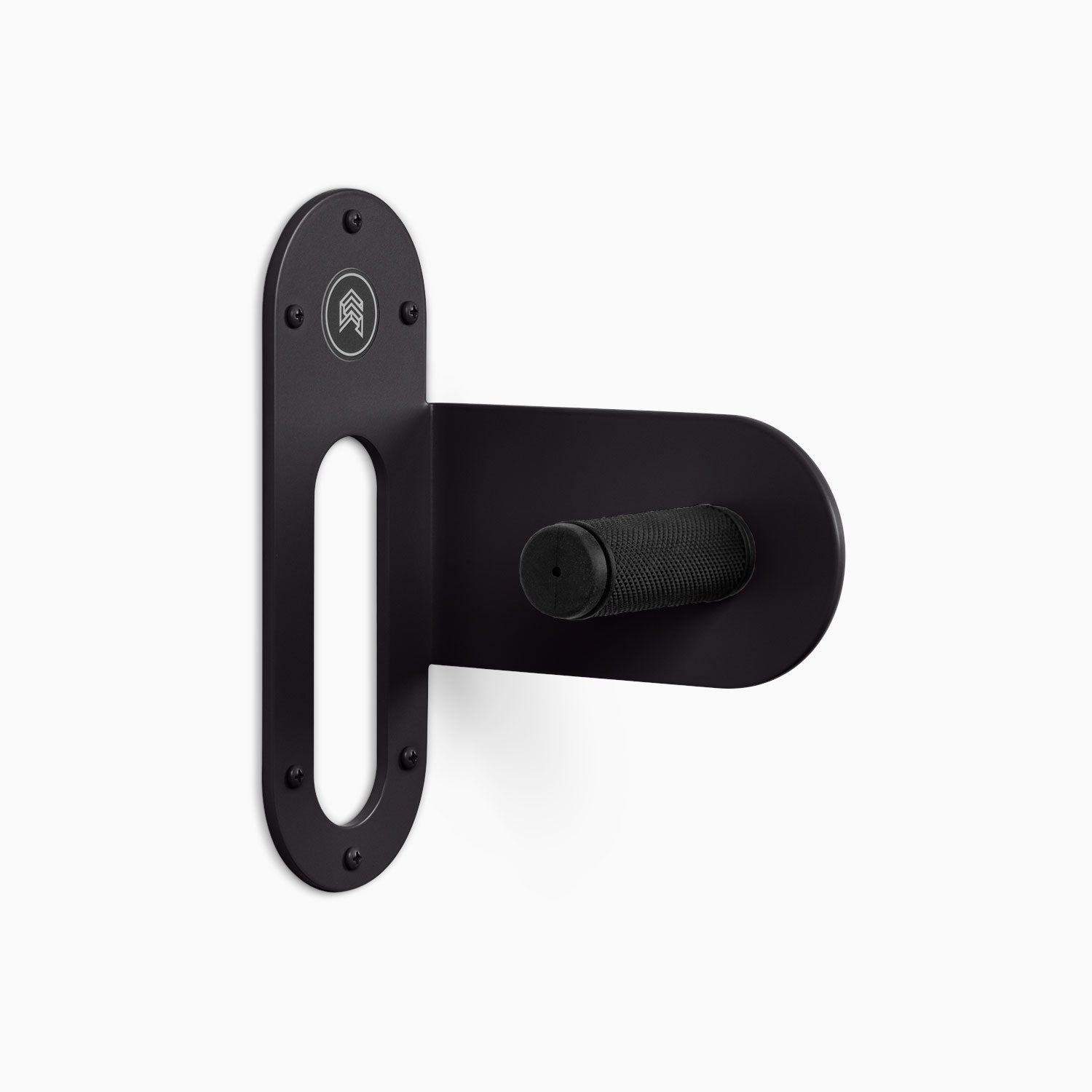 Spoke Bike Hanger – matte black
color, right orientation. Modern wall or ceiling-mounted bike hanger by Shelfology, USA-made powder coated steel.