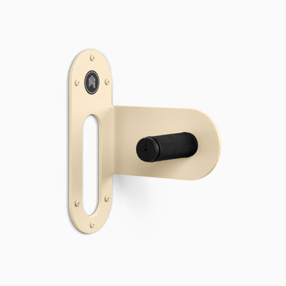 Spoke Bike Hanger – dine color, right orientation. Modern wall or ceiling-mounted bike hanger by Shelfology, USA-made powder coated steel.