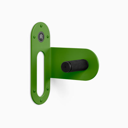 Spoke Bike Hanger – lime wire color, right orientation. Modern wall or ceiling-mounted bike hanger by Shelfology, USA-made powder coated steel.