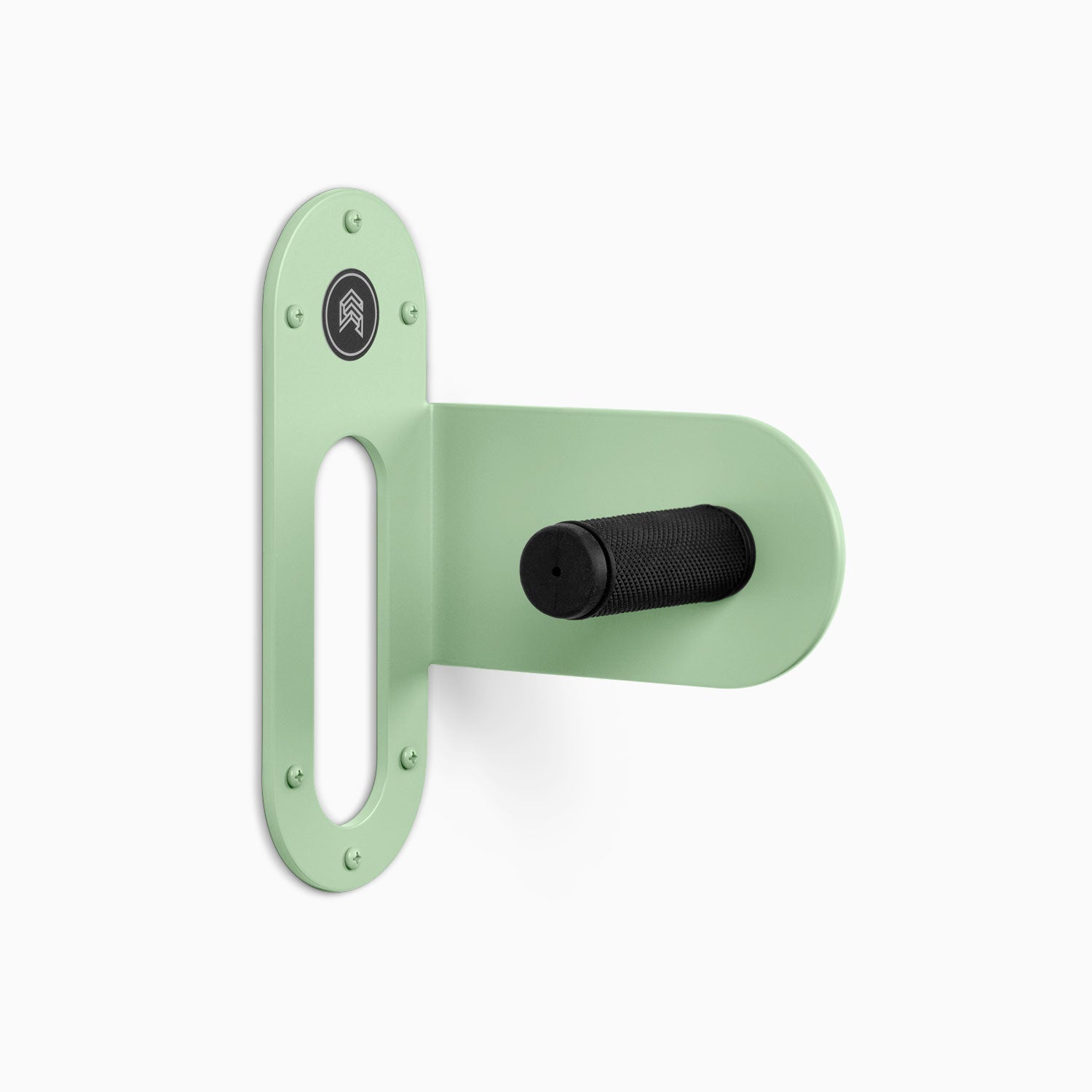 Spoke Bike Hanger – minty breath color, right orientation. Modern wall or ceiling-mounted bike hanger by Shelfology, USA-made powder coated steel.