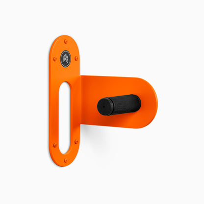 Spoke Bike Hanger – oranjelo color, right orientation. Modern wall or ceiling-mounted bike hanger by Shelfology, USA-made powder coated steel.