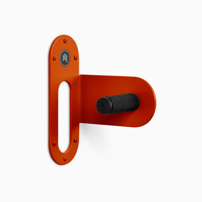 Spoke Bike Hanger – punk rock color, right orientation. Modern wall or ceiling-mounted bike hanger by Shelfology, USA-made powder coated steel.