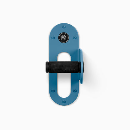 Spoke Bike Hanger – shelf geek blue, Right orientation. Modern wall or ceiling-mounted bike hanger by Shelfology, USA-made powder coated steel.