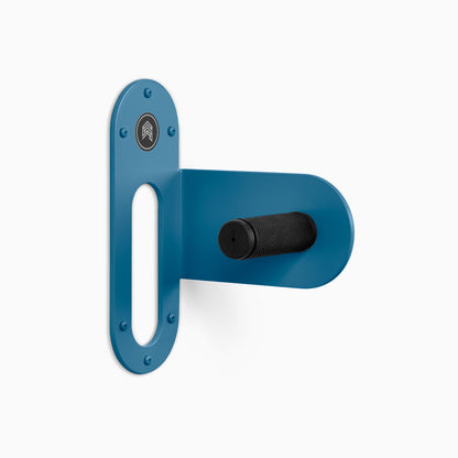 Spoke Bike Hanger – shelf geek blue color, right orientation. Modern wall or ceiling-mounted bike hanger by Shelfology, USA-made powder coated steel.